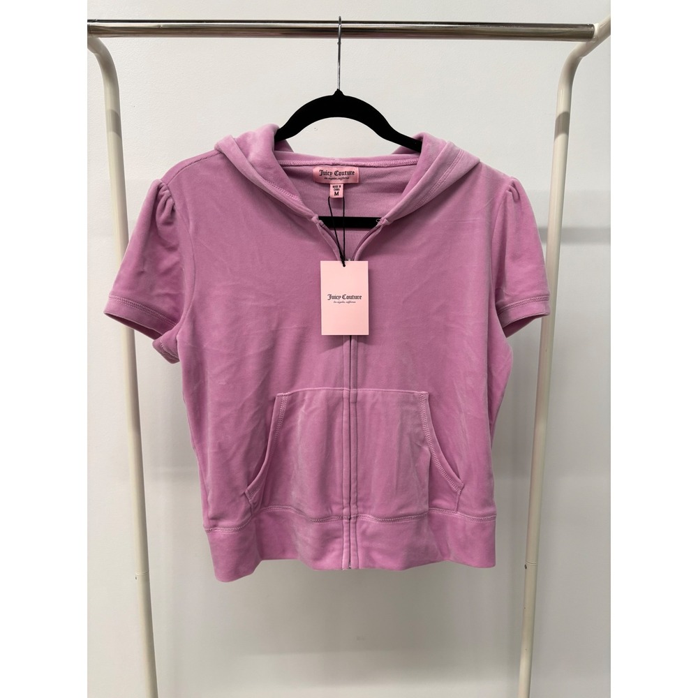 Juicy Couture Dewberry Pink Velour Puff Short Sleeve Rhinestone Hoodie M NWT